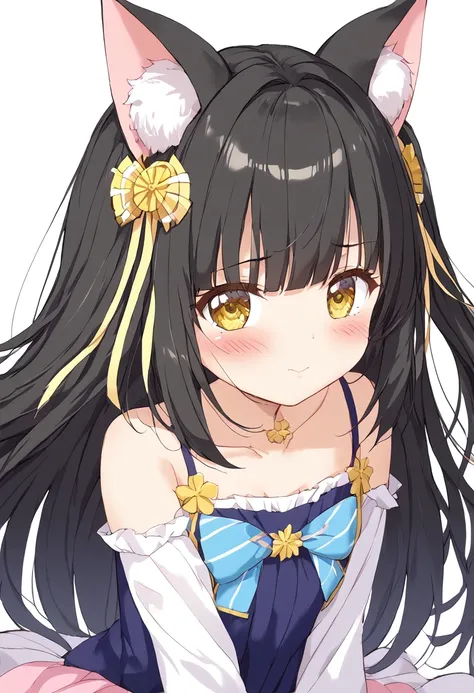 Nagato、Black Hair、 cute girl 、 Big animal ears、blush、Puff out your cheeks、Big ribbon、White background、masterpiece、 High image quality 、 masterpiece胸,  Masterpiece

