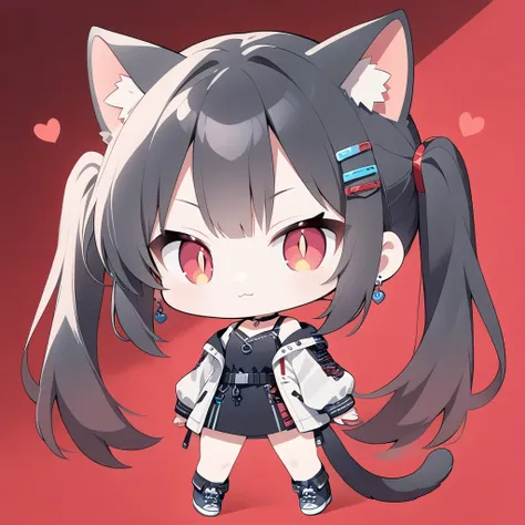 1girl,solo,((chibi-cute,anime style,anime character,deformation,masterpiece:1.2)),cat ears and tail,teenage girl,red eyes,(slit ...