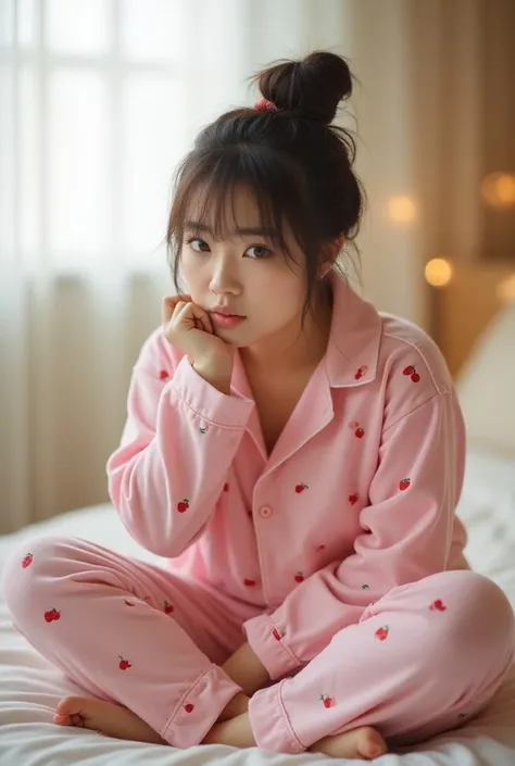 Wide angel view, full body photography of a korean women a fat and ugly, chubby, full body, Wearing pink pajama Cherry, Messy Bun hair, Sitting cross-legged on the mattress, hand holding chin, bored expression, Pouty mouth,  pacing at the camera, The backg...