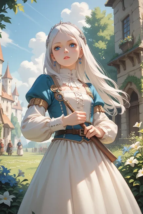 1 girl, medieval, playing harmonica, white hair, blue eyes, poor clothes, masterpiece, best quality, uncensored