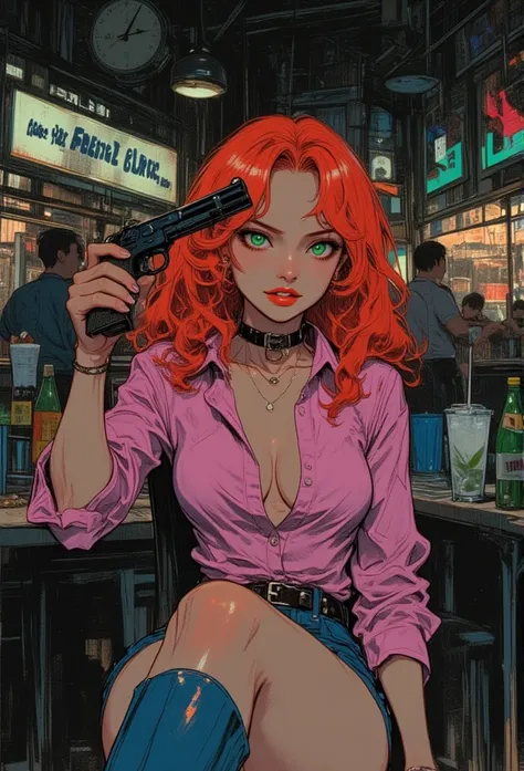 Oily atmosphere dark tense animation style 2 .5D manga niji6 at the mall with a silver gun she is pointing at her own head  _style monochrome_pencil_ strong scribble art oil ink super details on art Girl Venom  + Angel sexy red hair with soft curly white n...