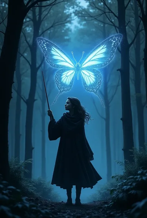 Create an image of a brunette girl in a magical forest, raising her wand with a determined expression as she says ‘Expecto Patronum.’ A glowing butterfly Patronus, shimmering in blue and silver, is emerging from the wand, fluttering around her. The image h...