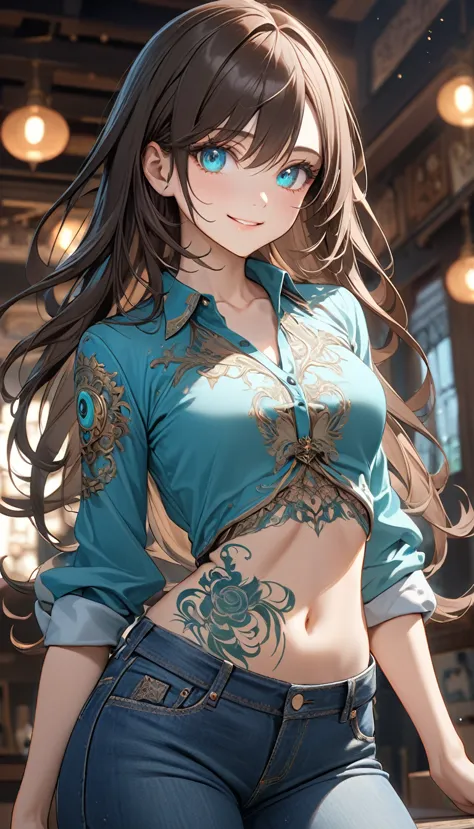 young girl, very long dark brown hair, light blue eyes, smile, open belly, jeans, turquoise silk shirt, slim build body, magic tattoo, Masterpiece, best quality, Full HD, 8k, ultra details, great graphic, anime style, 2D, detailed eyes, beautiful eyes, beautiful face, beautiful clothes, beautiful body