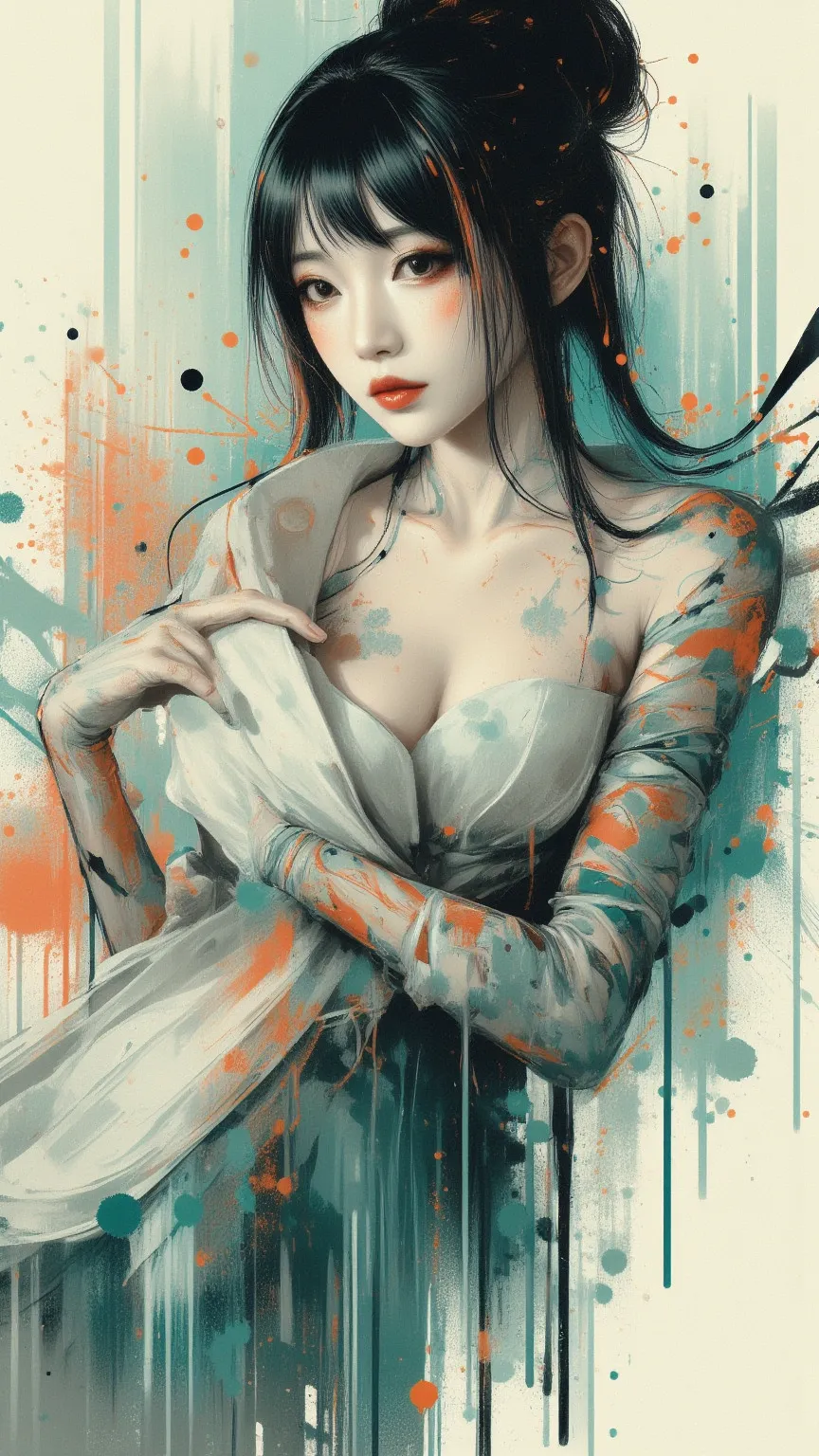 expressionist artwork images, asian high school girl, plunging neckline, cleavage, pastel color palette,