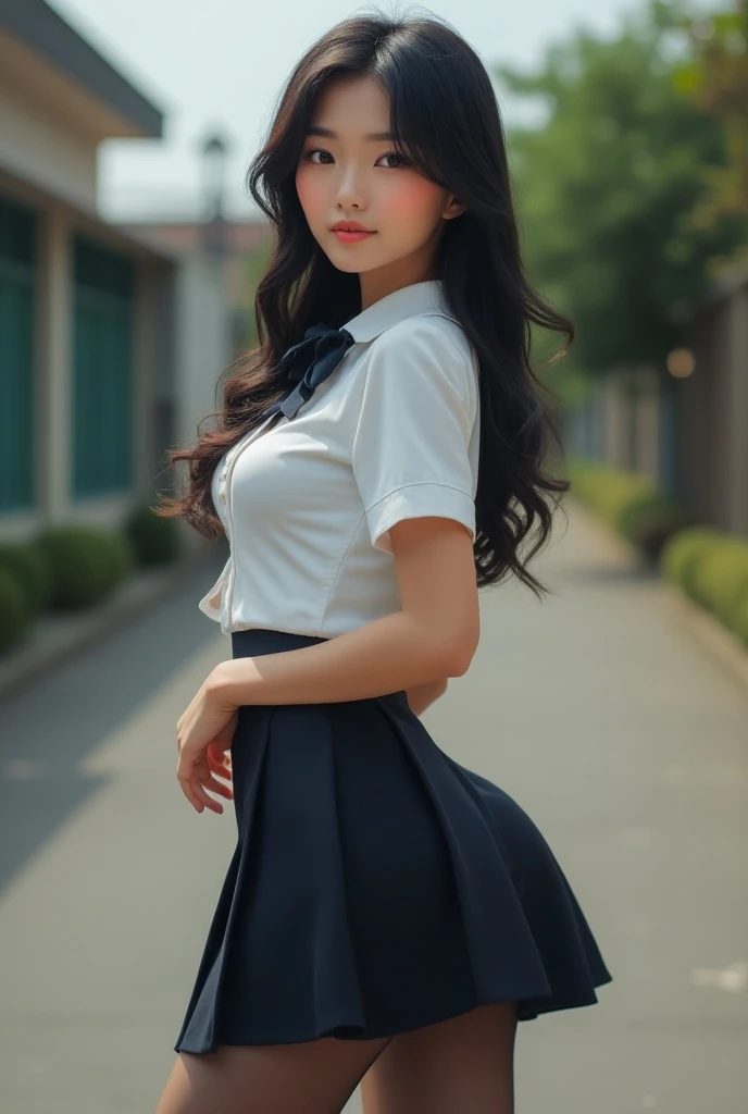 Young woman, Twenty years old, Black hair, beautiful face, Asian style, Fair Skin, Big breasts,Thin waist, Big butt, Wearing teacher&#39;s uniform, Wear black stockings, behind school, Realistic style 

