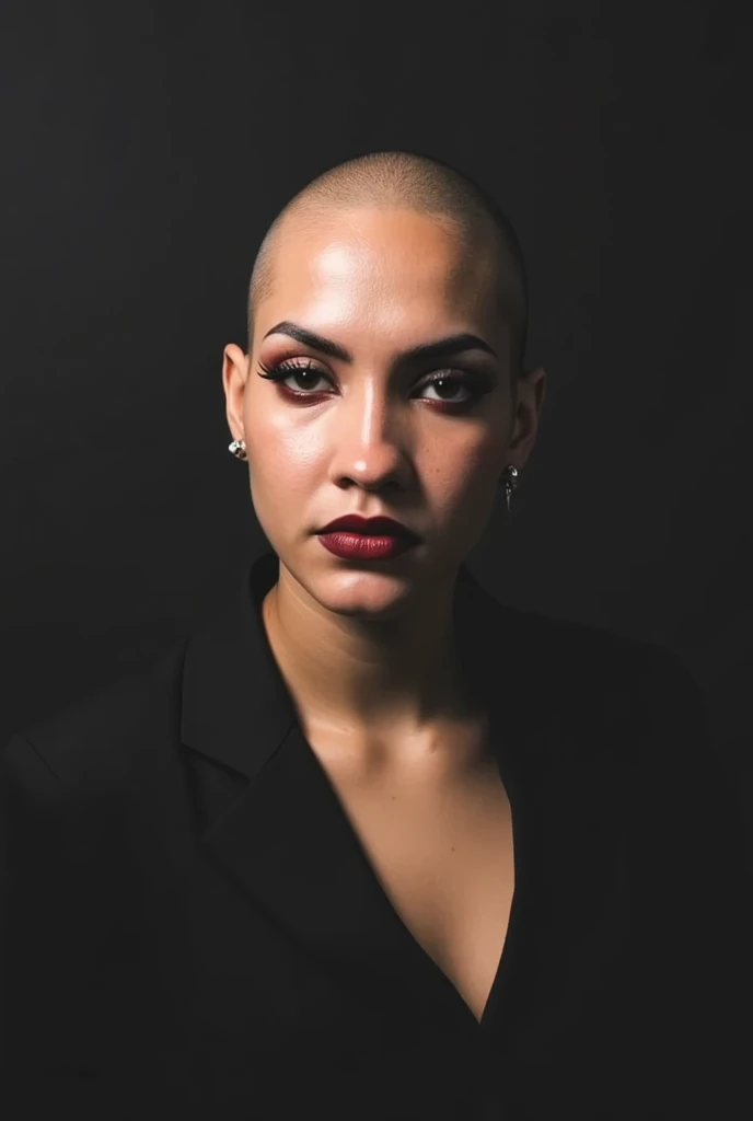 cinematic portrait, a ((bald woman)) with a ((shiny pale hairless head)), (((no hair at all on her head))). detailed, hyper realistic, photorealistic, sharp focus, 8k, hyperdetailed eyes, extremely detailed skin, striking facial features, high contrast lig...