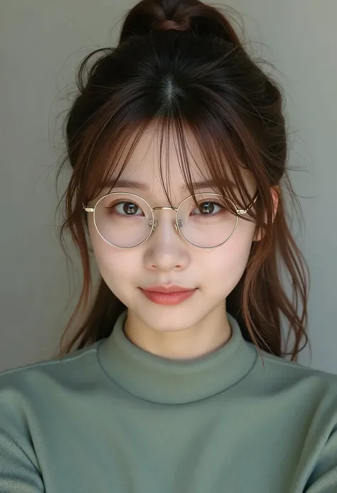 Brown 23 years old girl, almond eyes, simple glasses, High ponytail, sage high neck shirt, simple spectacles, photorealistic, potrait