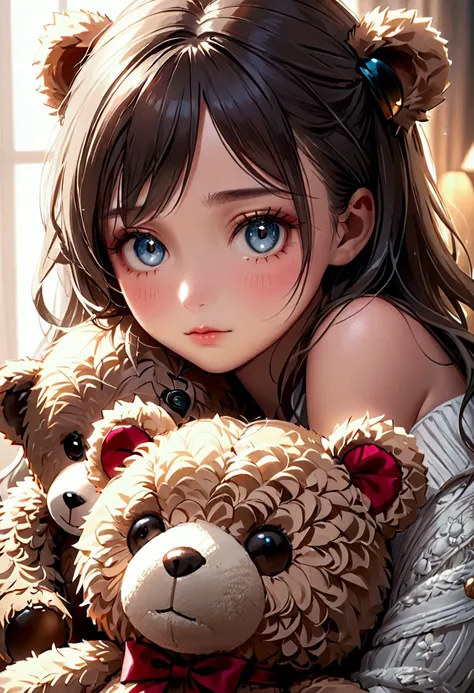 a girl hugging a teddy bear, beautiful detailed eyes, beautiful detailed lips, extremely detailed eyes and face, long eyelashes, cute expression, soft and fluffy teddy bear, warm lighting, cinematic composition, muted color palette, detailed fabric texture...