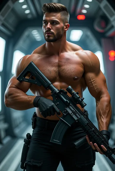 (masterpiece:1.2, Exceptional Quality, Mirror-like, Cinematic Experience, Best illustrations:2.0), Ultra-high resolution, Very detailed, 8k, wallpaper, (Super sexy man:0.5), (Super muscular:2.0), (Nicholas Alexander Chavez:2.0), (muscle male space soldier:...