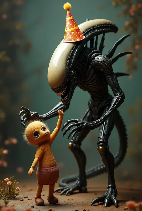 Xenomorph wearing party hat playing with human pinata