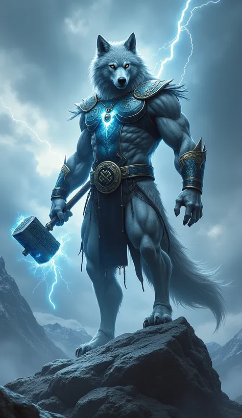 A powerful hybrid creature combining the essence of Thor and a wolf stands majestically atop a rugged, snow-capped mountain. The creature has a wolf’s muscular body and fierce eyes, with silver-gray fur that seems almost metallic. It wears pieces of armor ...