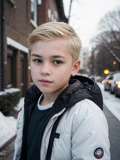 a white school student with a backpack and casual winter  clothing, in a neighborhood, short blonde hair with a taper fade. looking into camera, bad quality