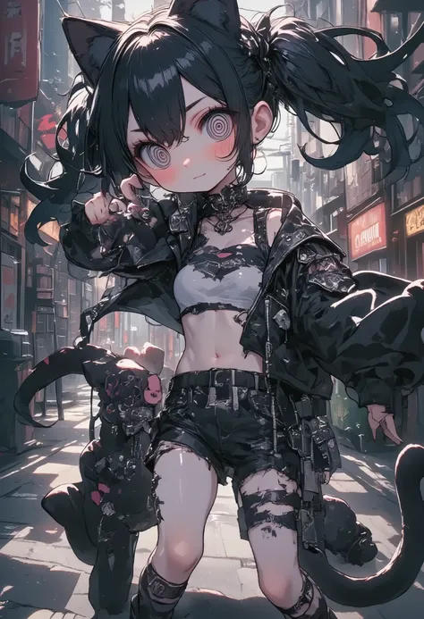 girl(cute, kawaii, age of 12,spreads pussy,evil smile,black hair,long hair,twin tails hair,pale skin, skin color blue, red eyes, eyes shining,big eyes,breast,punk fashion,ripped clothes,tight tube top,tight hot pants,stomach shown,ripped black short jacket...
