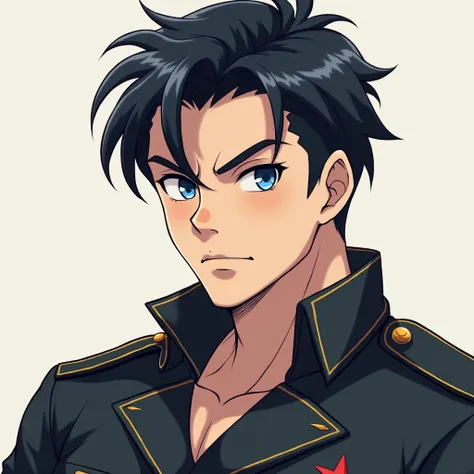 Anime Style, Character portrait,male,blue eyes, muscle,Military simple background, handsome black hair, 