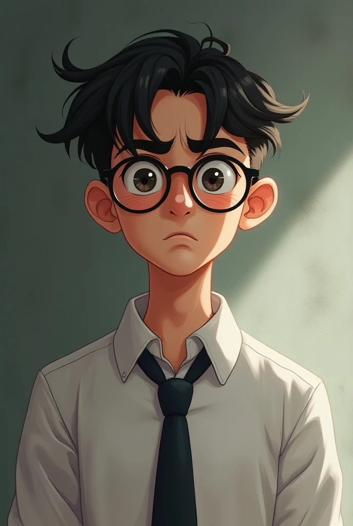 Young man 1 、Wearing glasses、 is wearing a white shirt、Wearing a tie、He has a troubled look on his face.、male、Side cut hair、Man Bun Hair、Good Youth、