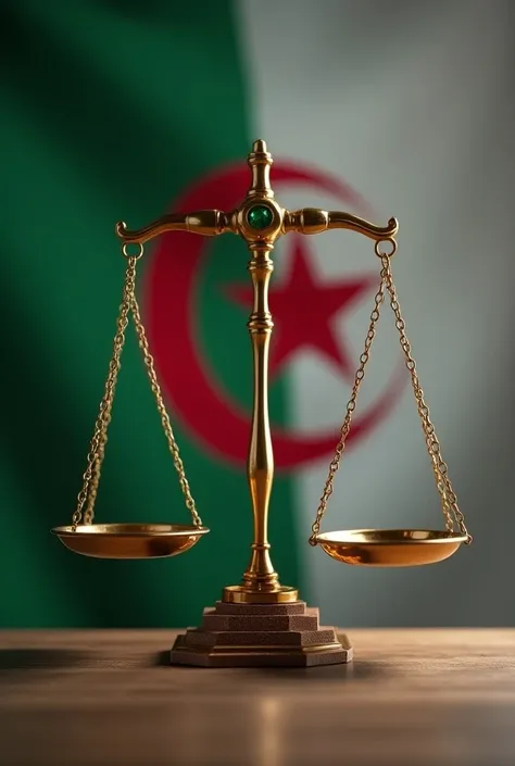  
The scale of the right next to the Algerian flag green and white color green and white Crescent Moon Star 5 pointed red

Balance of justice