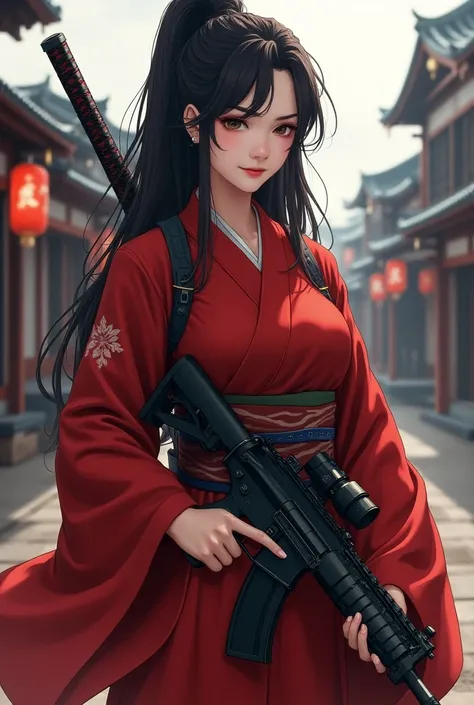  Generate anime-style image of a Japanese woman from Pinterest wearing red clothes,  katana behind the back , M16 in the hand 