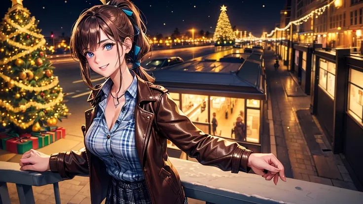 1girl, ((mature girl)), solo, christmas, ((christmas tree)), street, night, lights, snow, brown hair, ponytail, large breasts, button down, ((brown leather jacket)), dark blue eyes, ((blue checked shirt)), ((unbuttoned shirt)), ((unbuttoning buttons)), cle...