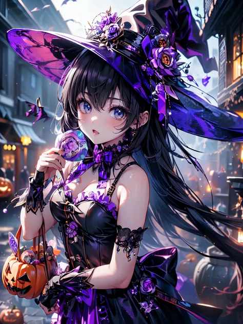 ((   ultra hd  )), ((super detailed)), ((best quality)),  young woman ,  halloween , witch, witchの帽子, lanthanum,    trick or tre...