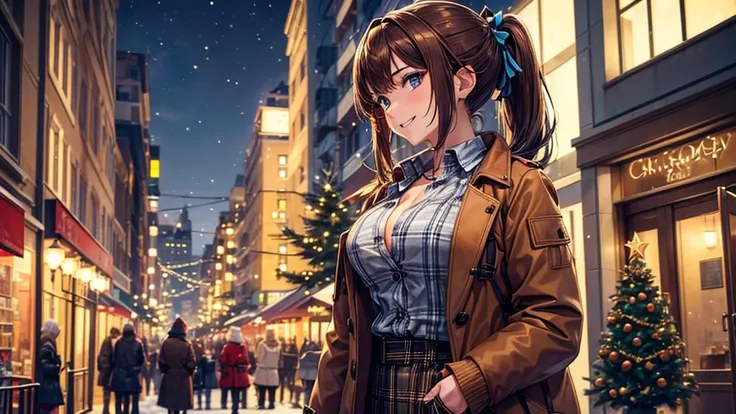 1girl, ((mature girl)), solo, christmas, ((christmas tree)), street, night, lights, snow, brown hair, ponytail, large breasts, button down, ((brown winter jacket)), dark blue eyes, ((blue checked shirt)), ((unbuttoned shirt)), ((unbuttoning buttons)), clea...