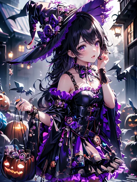 ((   ultra hd  )), ((super detailed)), ((best quality)),  young woman ,  halloween , witch, witchの帽子, lanthanum,    trick or tre...