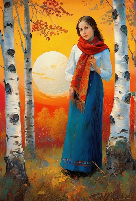 a young Russian girl, against the background of a crimson sunset, complex detailing, aged canvas, "the girl by the white birch" (in the style of Odilon-Redon, depicted in oil on canvas),
a beautiful girl with brown hair in a scarf, hugging the trunk of a b...