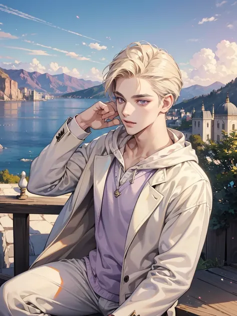 a boy, purple eyes, cream beige hair. happy, joyfully, like a prince,. so handsome. he is gangster.  Background in beautiful scenery natural, slicked back hair. casual black hoodie. sit