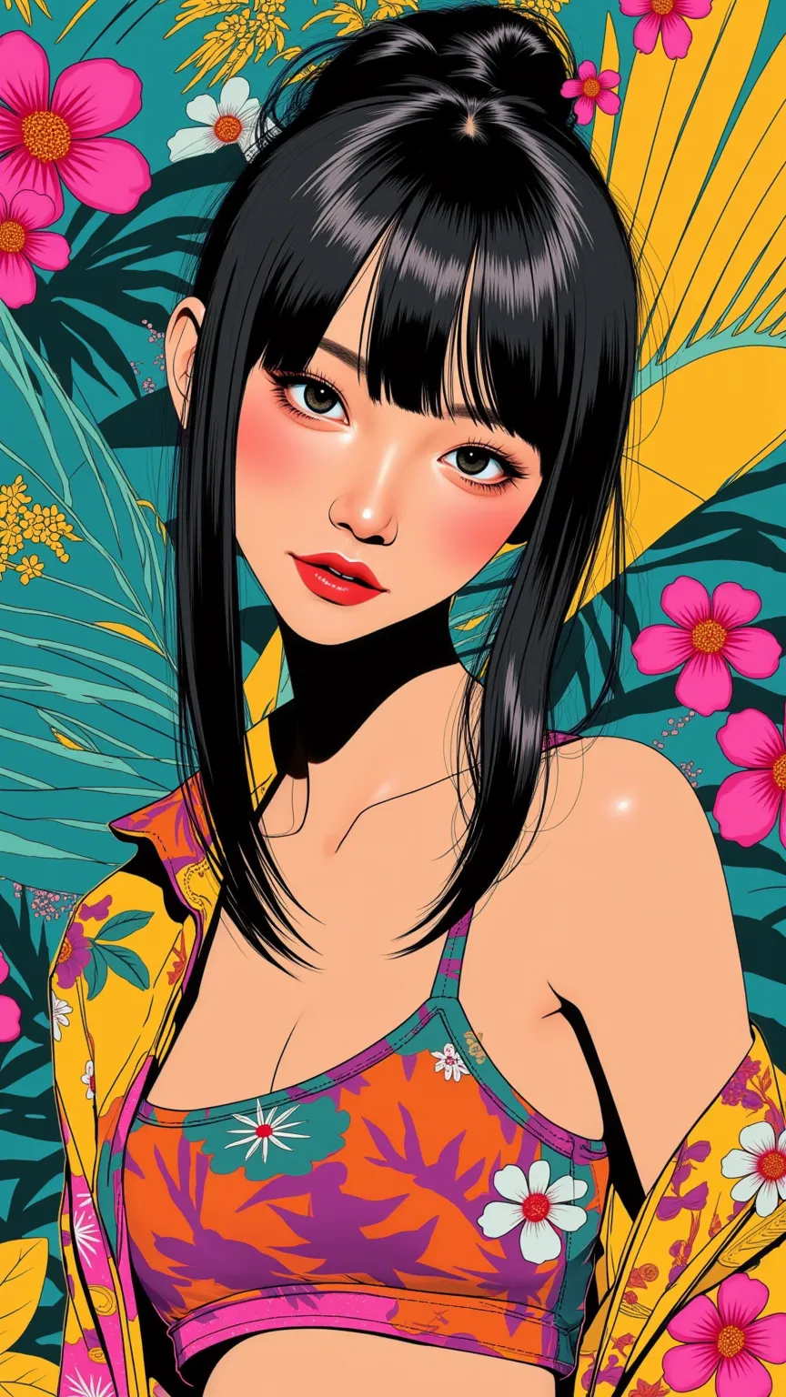 create digital artwork in pop art, featuring a bright and confident young asian girl，street fashion, movie color scheme, surroun...