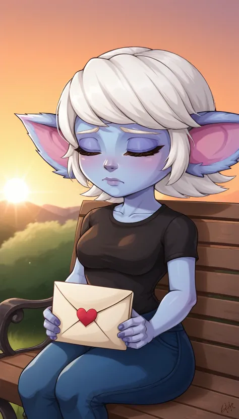 tristanalolxl, yordle, white hair, black shirt, blue pants, medium bust, sitting on a bench in a nice park in the background sun...