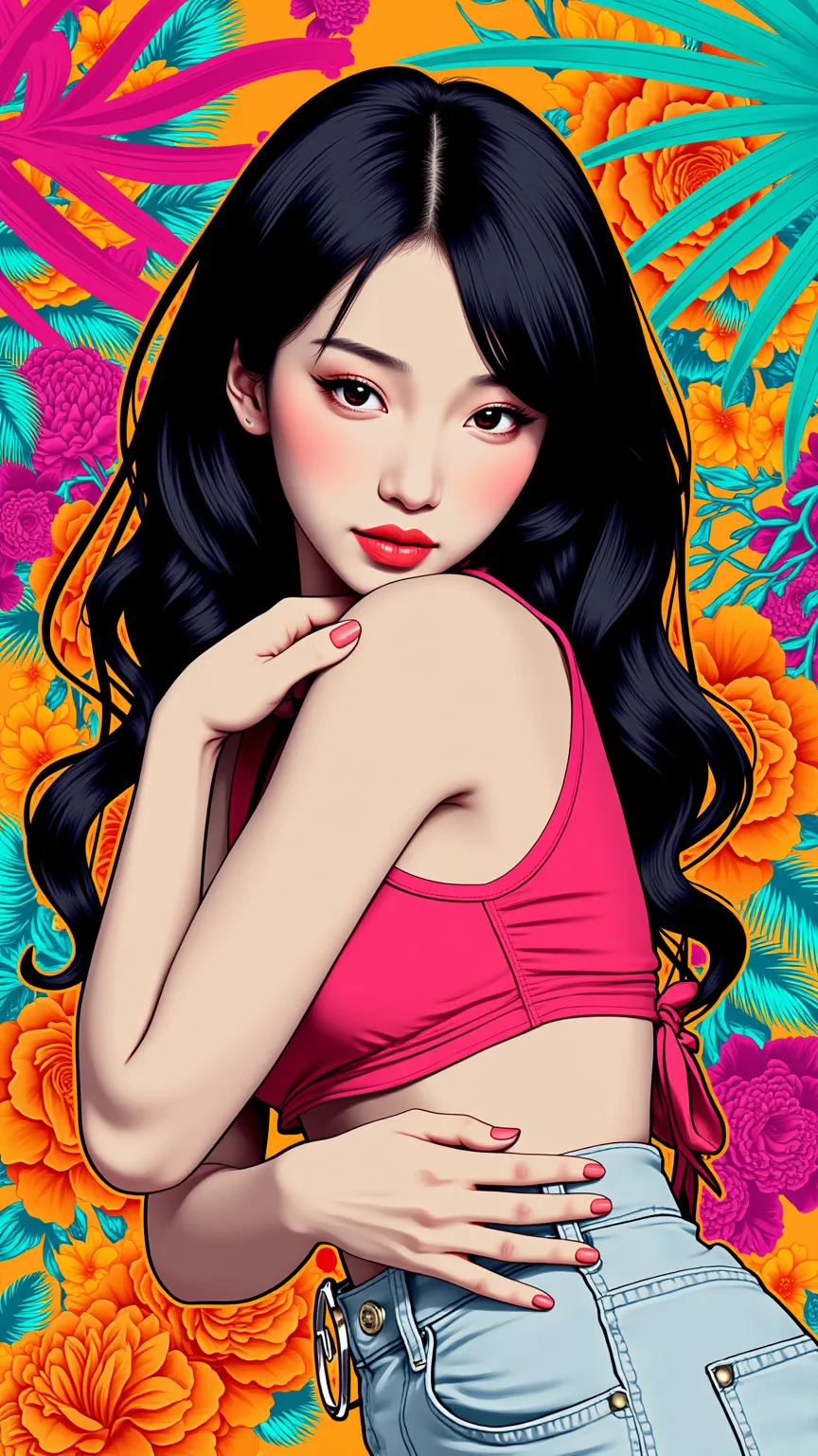 create digital artwork in pop art, featuring a bright and confident young asian girl，street fashion, movie color scheme, surroun...