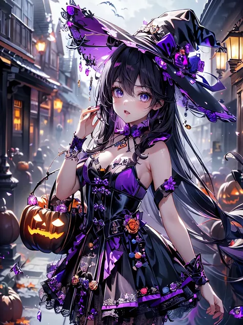 ((   ultra hd  )), ((super detailed)), ((best quality)),  young woman ,  halloween , witch, witchの帽子, lanthanum,    trick or tre...