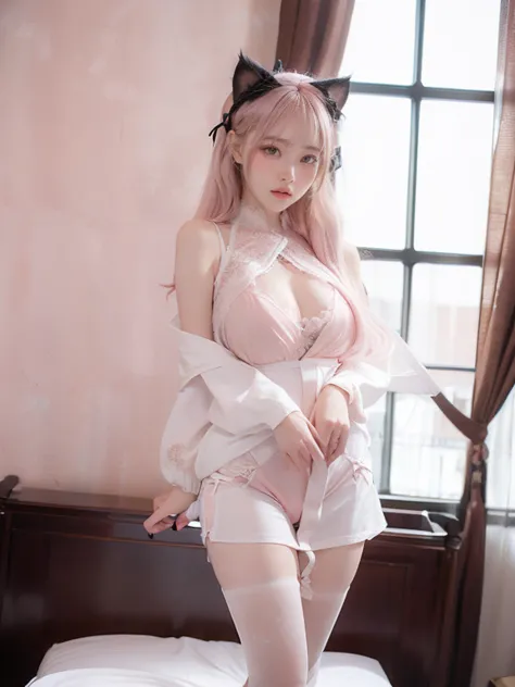 a beautiful girl with large breasts, a slim waist, and a large bottom, wearing white robe, cat ears, and light pink hair, standi...