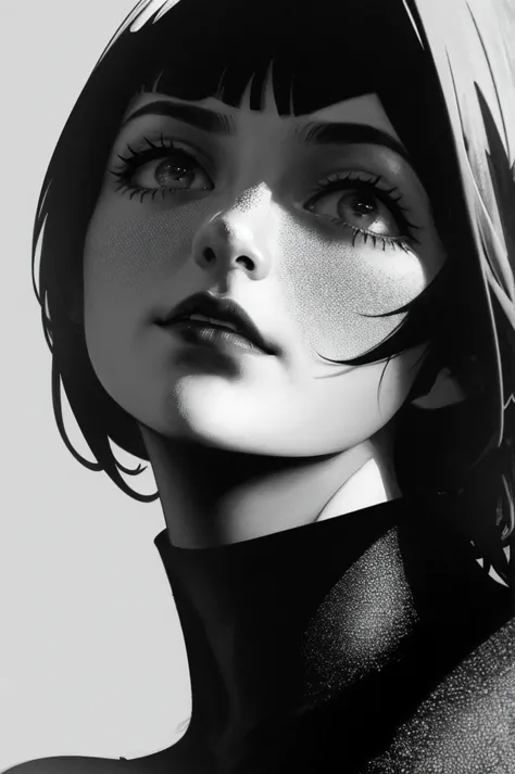 a realistic , highly detailed monochrome illustration of a young woman with a bob cut and blunt bangs, wearing a black turtlenec...