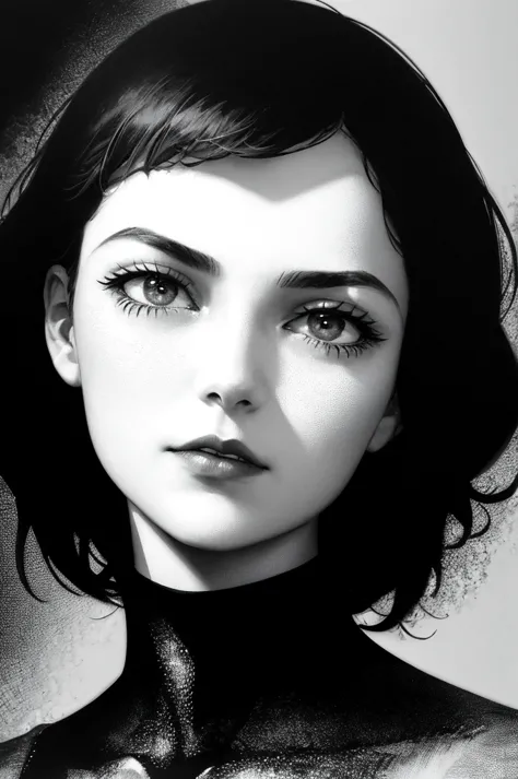 a realistic , highly detailed monochrome illustration of a young woman with a bob cut and blunt bangs, wearing a black turtlenec...