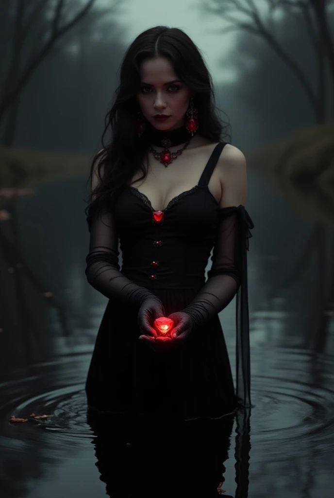 film photography, vintage, fashion photography of horror, beautiful Gothic princess neck-deep in black water, night forest background, red ambient lighting, black hair, ruby-and-onyx necklace and earrings, eerie yet beautiful photo, holding a large ruby cu...