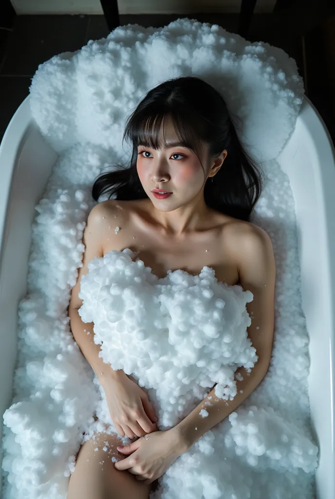 professional photography, realistic, wong kar-wai, shot from top down photo of asian woman lying in the bathtub, she has long me...