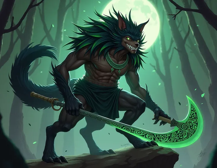 Kaito,  the Oni Lobo
Appearance :
 Kaito has long black hair ,  that cascade to the waist ,  with green wicks that shine in the moonlight .  His wolf tail is thick and agile ,  perfect to balance him on any terrain . Your eyes, similar to those of a cat,  ...