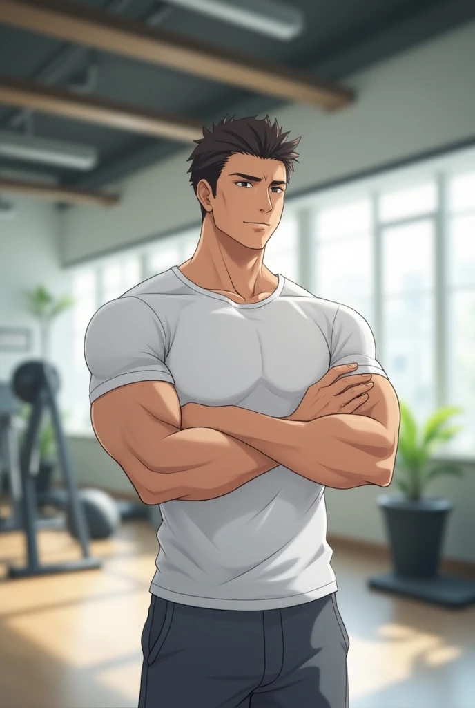 Anime handsome teacher full body portrait
muscular build, short hair, white t-shirt partially pulled up, grey workout pants, crossed arm pose, indoor gym, soft natural lighting, bright environment, modern gym equipment in the background, focused atmosphere...