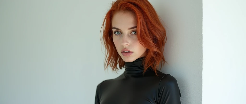 19-year-old Irish model, medium-length rough-chopped red hair, perfect make-up, skin-tight seamless rubber bodysuit, standing, white wall behind her, facing viewer, looking up at viewer, viewed from above.