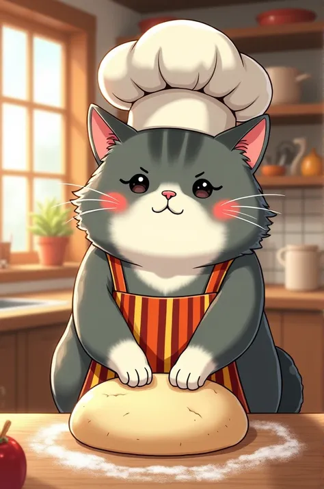  You can create a drawing of a Japanese-style cat with a chefs hat, Italian apron and mustache in a kitchen kneading a dough  
