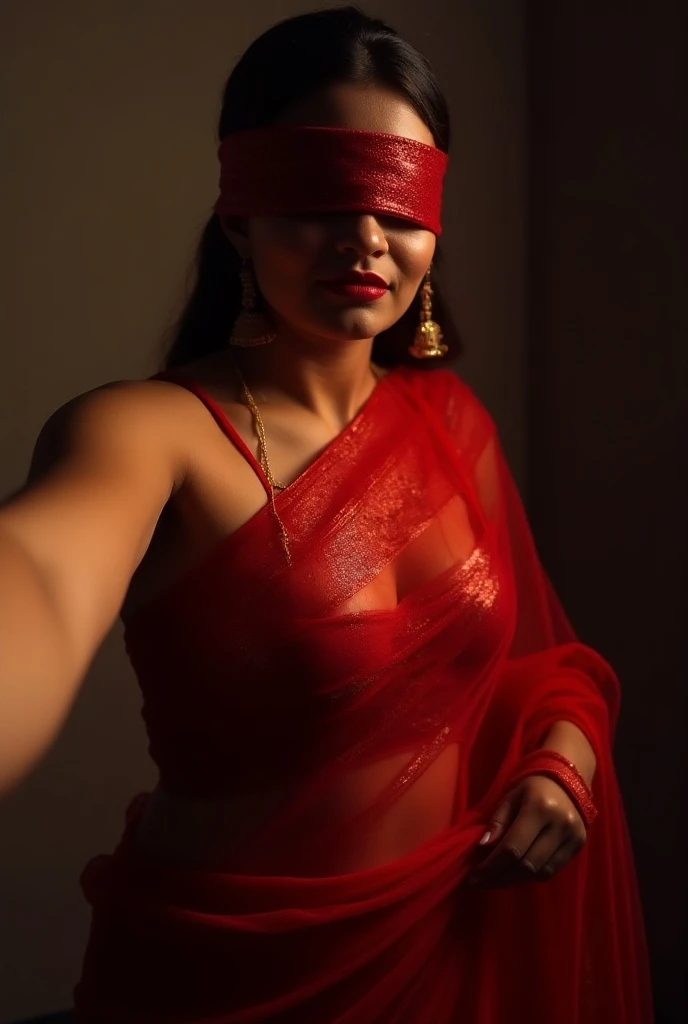 Jacqueline blindfolded with dupatta gagged in sexy  fully translucent red shimmering prom saree Taking selfie red gagged full body