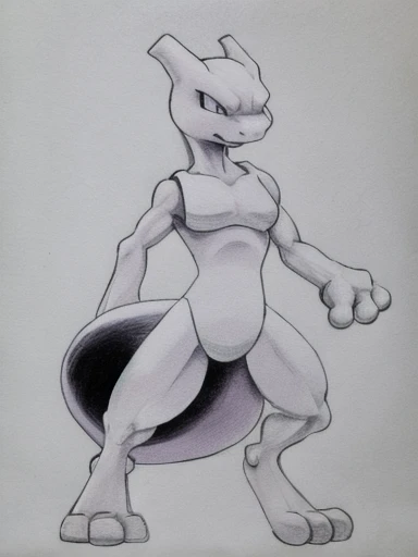 Uncolored drawing of Mewtwo with large and small lumps that moves cartoon