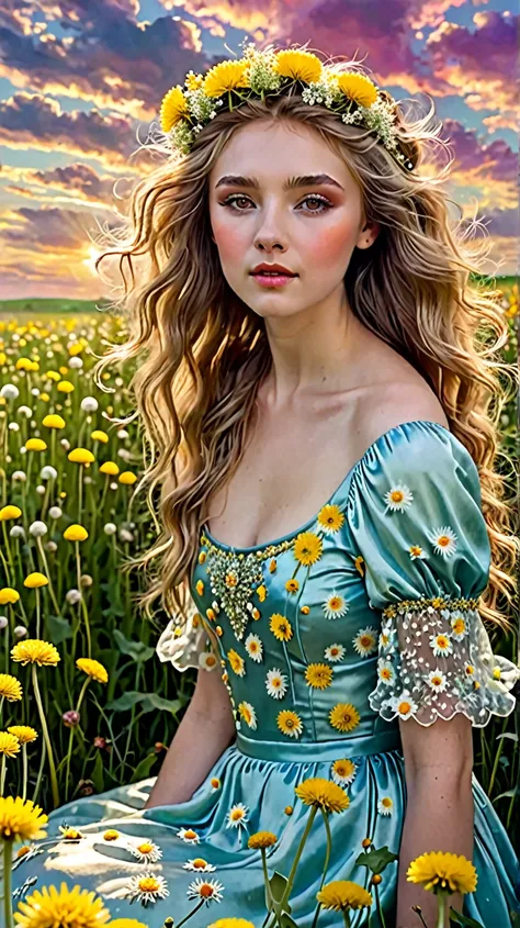 .Beautiful girl aged 25, delicate and pale face, soft and marked makeup, expressive and crystalline eyes, full mouth, hair fluttering in the wind, tiara of wild flowers, virtue of a light floral dress, a large scene surrounded by balls of toothpaste . lion...