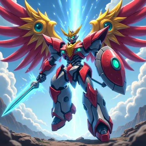 a fusion of mecha robots combining lion, hawk, shark, tiger and elephant, robotic mecha style, centaur shape, metallic textures (red, blue and white colors), green eyes, yellow details, red and yellow wings with eyes, holding a blue long sword, holding a r...