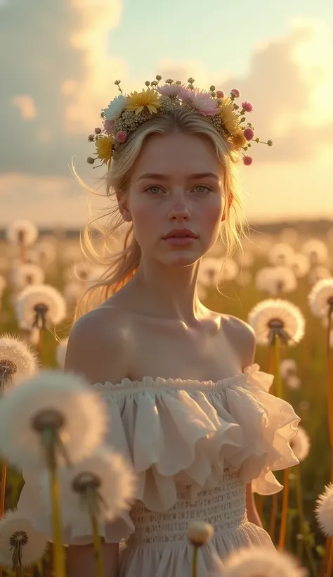 .Beautiful girl aged 25, delicate and pale face, soft and marked makeup, expressive and crystalline eyes, full mouth, hair fluttering in the wind, tiara of wild flowers, virtue of a light floral dress, a large scene surrounded by balls of toothpaste . lion...