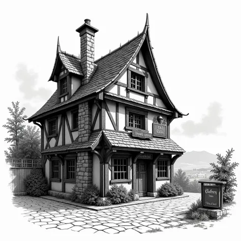 Old inn , in drawing, without colors, only black and white ,  with a lot of inn essence