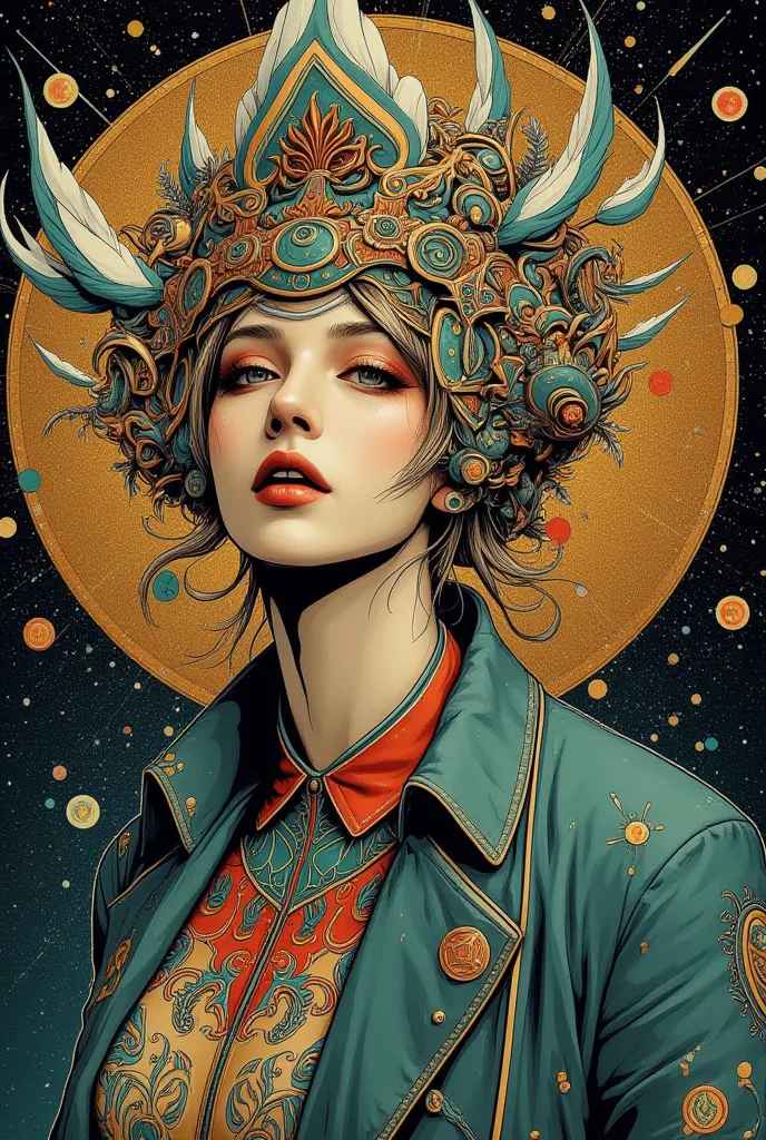 ((best quality)), ((masterpiece)), (detailed), ((perfect face)), surreal, art nouveau, in the illustrative style of moebius,