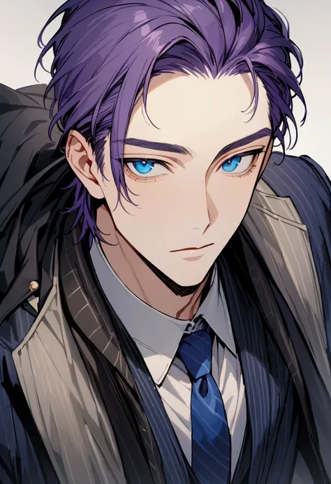 whole body、character portrait、male、masterpiece、handsome、the forehead is visible、1 man,  purple hair、worn suit、jacket、give bangs、...