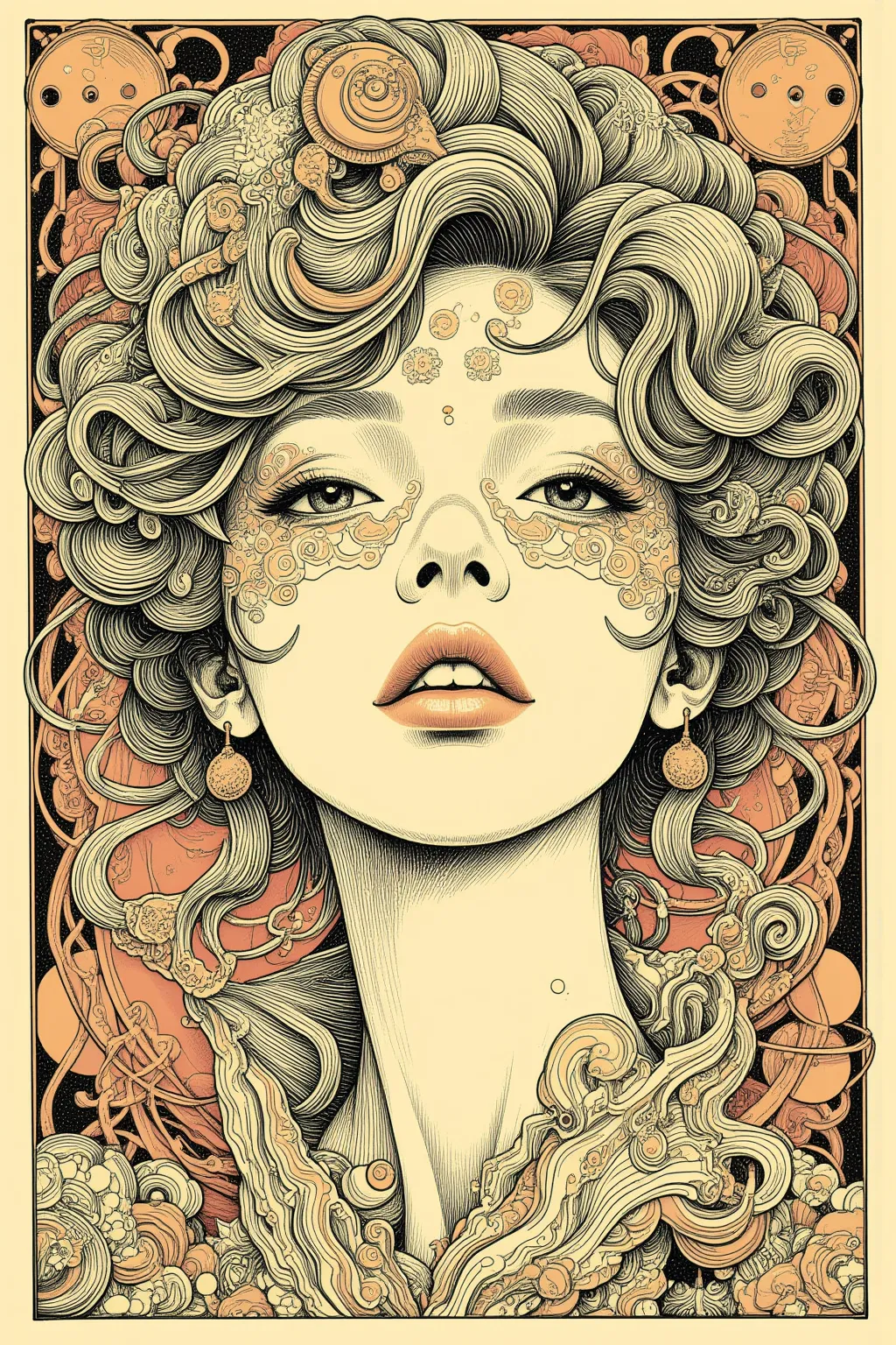 ((best quality)), ((masterpiece)), (detailed), ((perfect face)), surreal, art nouveau, in the illustrative style of moebius, 