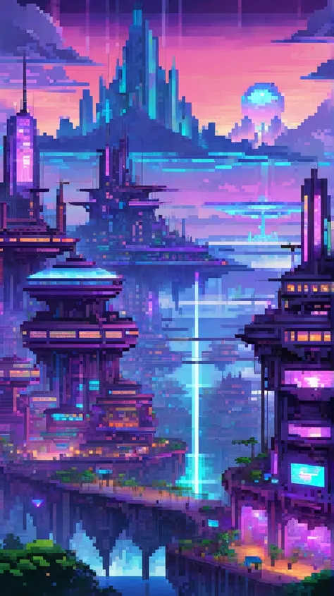  Pixel art of New Haven ,  a futuristic floating city with skyscrapers illuminated by neon in shades of blue and purple,  suspended above clouds . around,  small floating islands with distinct characteristics :  dense vegetation ,  technological buildings ...